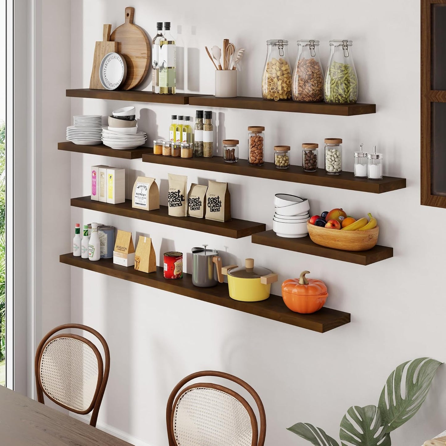 Floating Shelves 36 Inches Long - 8 Inch Deep Rustic Premium Solid Pine Wood for Storage - Farmhouse Wall Mounted for Living Room - Heavy-Duty Metal Bracket - 36" W x 8" D - Set of 2 - White Color