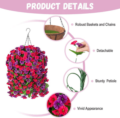 INXUGAO Artificial Flowers with Hanging Basket, Outdoor Faux Plants Silk Morning Glory Vines, Fake Green Arrangement for Garden Patio Spring Summer Decor(4pcs,Darkorchid)