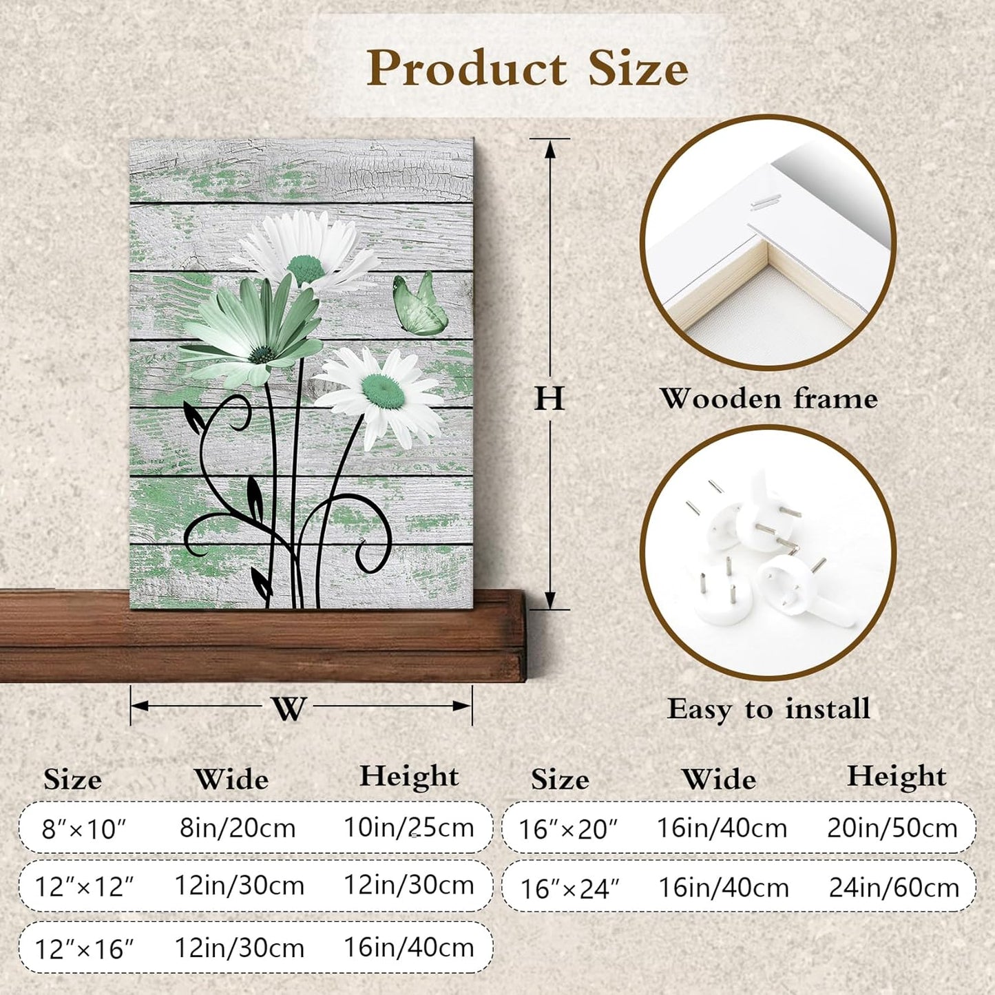HVEST Farmhouse Floral Wall Art for Living Room, Blue and White Daisy Flower and Butterfly on Rustic Wood Board Canvas Wall Art Framed Artwork Ready to Hang for Bathroom Bedroom Decor, 16L X 12W