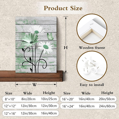 HVEST Farmhouse Floral Wall Art for Living Room, Blue and White Daisy Flower and Butterfly on Rustic Wood Board Canvas Wall Art Framed Artwork Ready to Hang for Bathroom Bedroom Decor, 16L X 12W