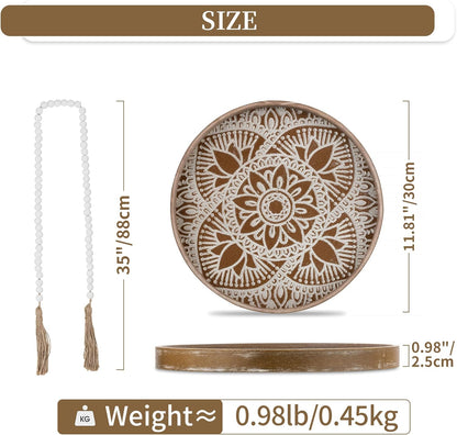 Hanobe Decorative Serving Tray Round: Farmhouse Coffee Table Decor Boho White Mandala Trays for Living Room Kitchen Bathroom Display