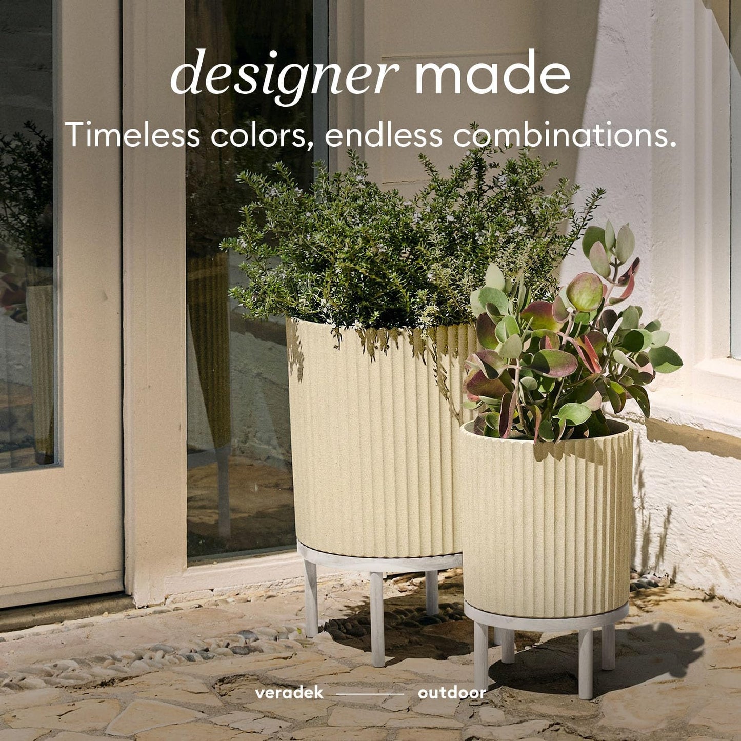 Veradek Demi Series Round Planter w/ Stand for Porch/Patio | Durable Plastic-Concrete & Wooden Stand | Modern Décor for Tall Plants, Flowers
