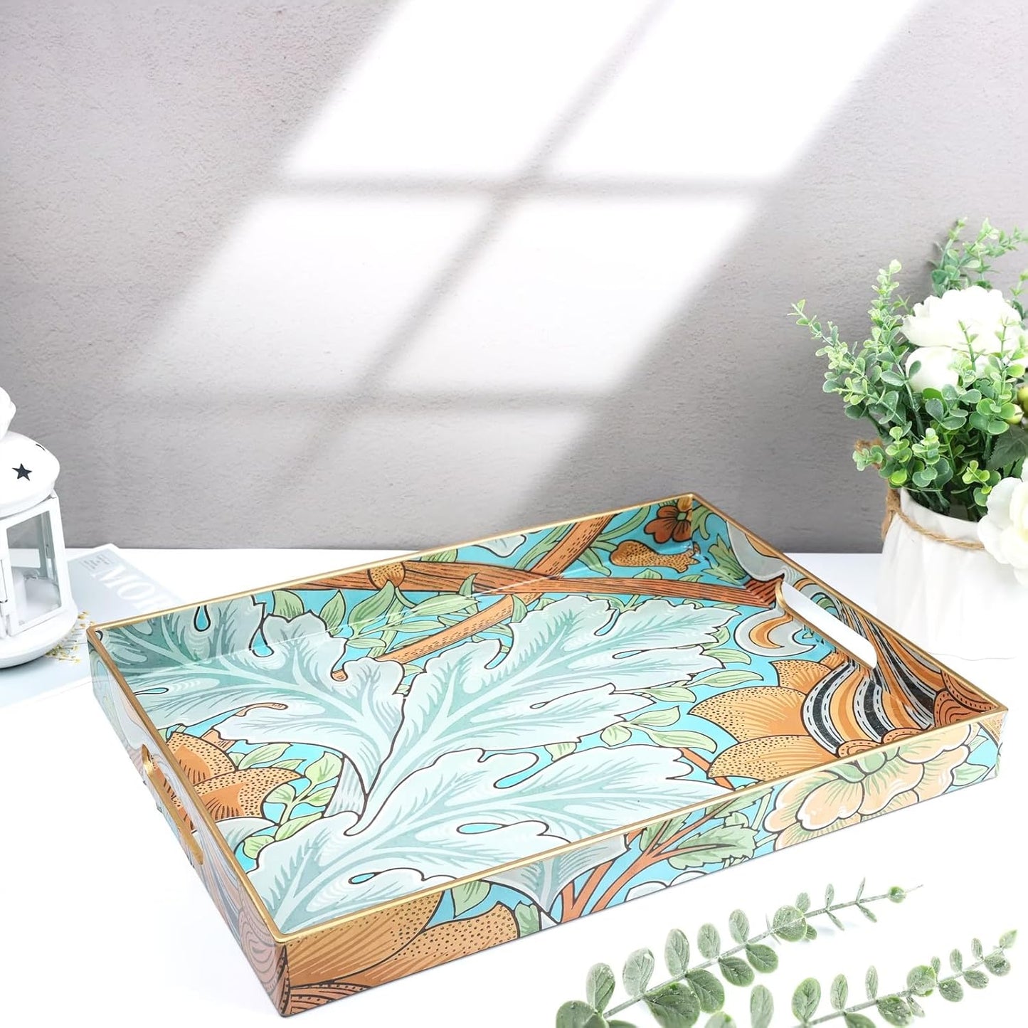 Spsyrine Serving Tray with Handles, Plastic Decorative Tray for Coffee Table, Living Room, Home Decor, Dianthus