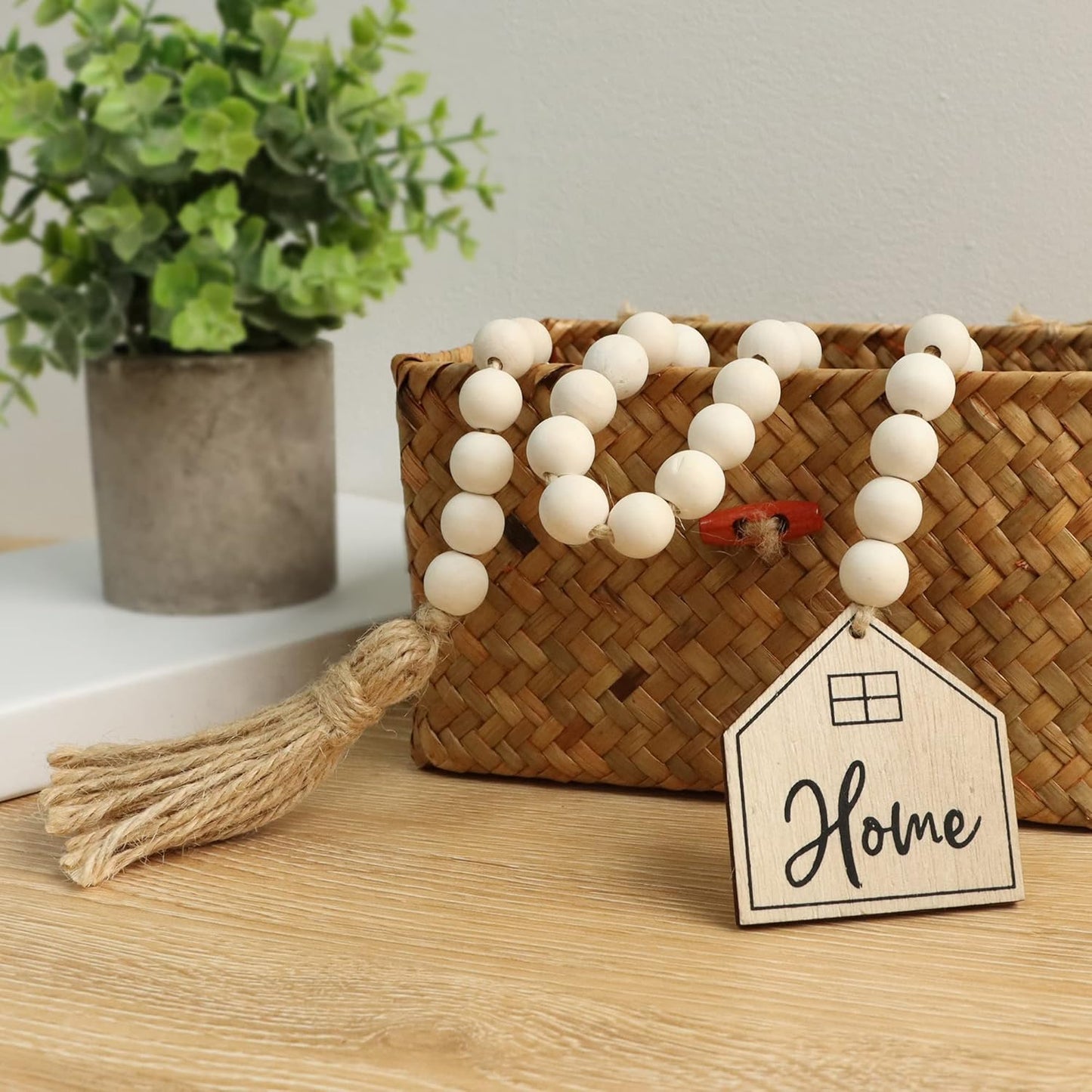 Meplait Love Wooden Bead Garland with Tassel, Decorative Beads Home Decor Farmhouse Tassel Garland Boho Decor for Tiered Tray（38in）