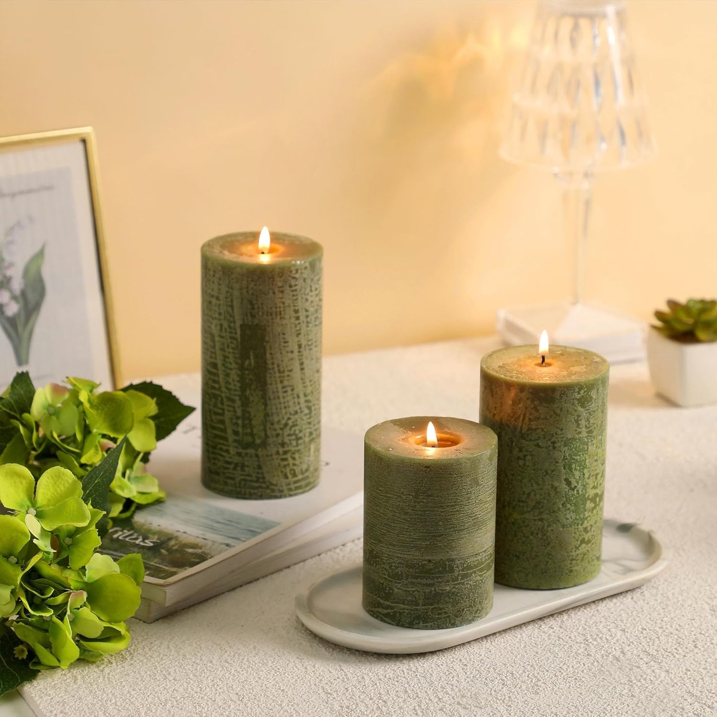 Sage Green Pillar Candles Set of 3 - Hand-Poured Unscented Candles,Smokeless Dripless Candles for Dinner Table and Home, Set of 3 in Different Sizes (3"x4", 3"x5", 3"x6")