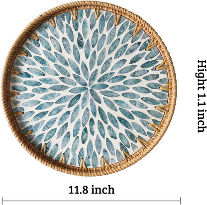 Round Rattan Tray with Mother of Pearl Inlay, Decorative Wicker Serving Tray with Wooden Base, Woven Basket Trays for Bread Fruits Coffee, Leaf