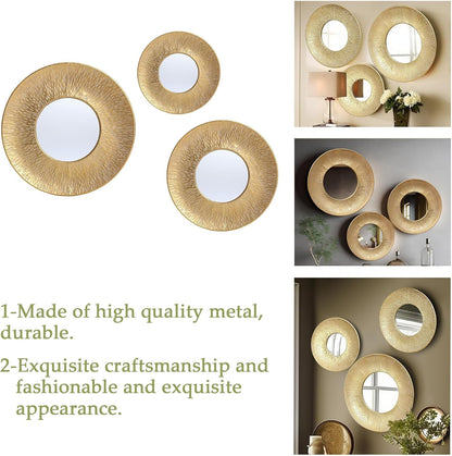 LuxenHome 3 Piece Gold Metal Round Wall Mirror Set Boho Wall Hanging Mounted Mirror,Rattan Mirror Suitable for Farmhouse, Living Room, Bedroom and Bathroom