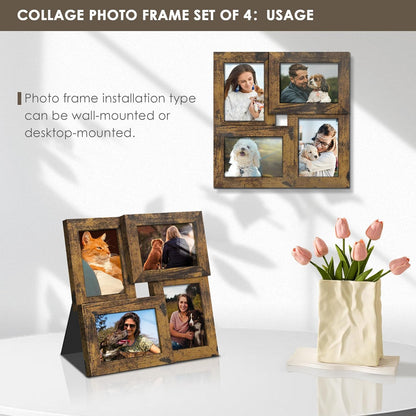 DUENPY 4x6 Collage Picture Frame Tempered Glass Front, Displays Four 4x6 Photo, Family Photo Collage Frame, Wall Decor Wall Hanging or Tabletop, Brown