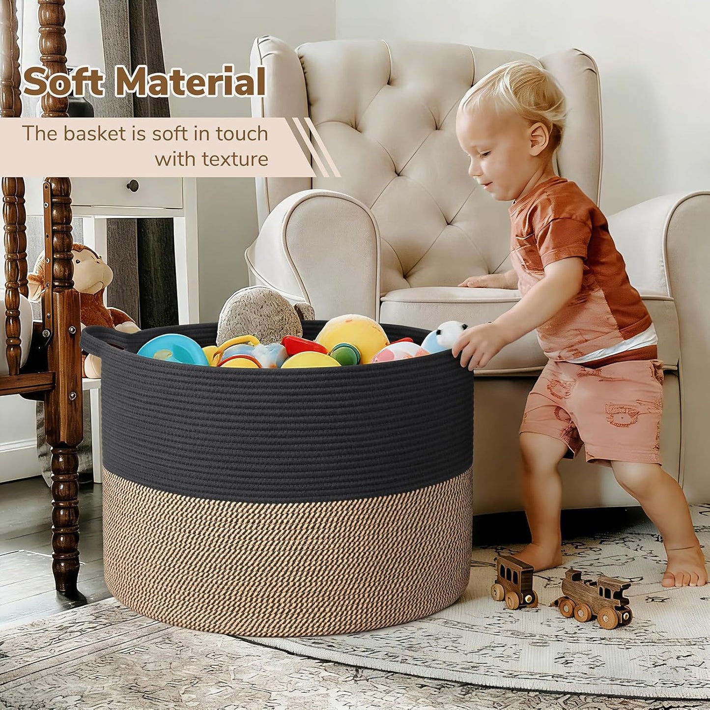 INDRESSME XXXLarge Blanket Basket for Living Room 21.7" x 21.7" x 13.8"-Storage Basket with Handle for Organizing Toy Pillows Woven Cotton Rope Laundry Basket Stuffed Animal Toy Storage for Play Room