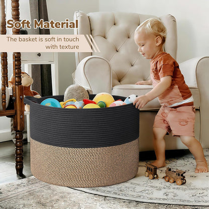 INDRESSME XXXLarge Blanket Basket for Living Room 21.7" x 21.7" x 13.8"-Storage Basket with Handle for Organizing Toy Pillows Woven Cotton Rope Laundry Basket Stuffed Animal Toy Storage for Play Room