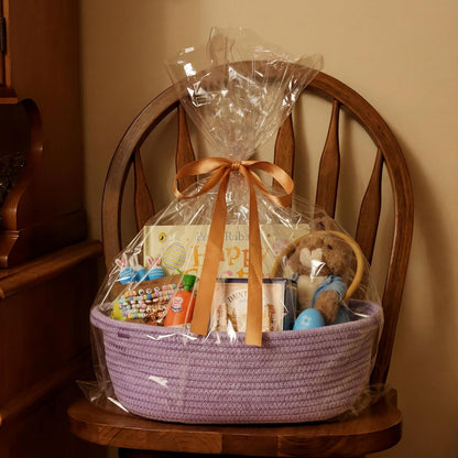 Small Woven Gift Basket Empty with Bag & Ribbon - Gifts for Mom, Baby Shower, Birthdays & Raffle - Cotton Rope Storage Basket for Dog Toys or Shelf - 12"x8"x5", White