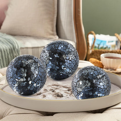 3Pcs Mosaic Glass Orbs Decorative Balls Set 8.5cm/3.35inch Blue Sphere Wedding Party Home Decor Table Centerpiece