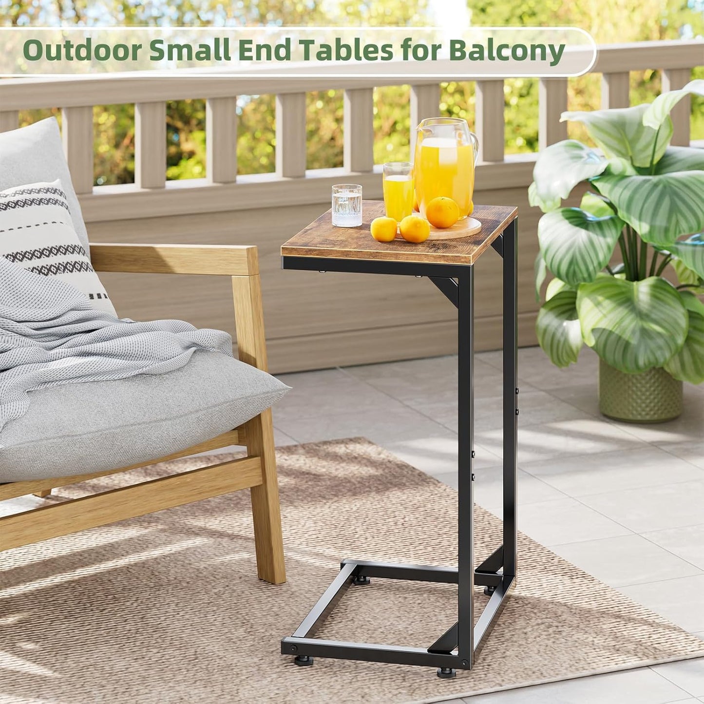 Simple Trending C Shaped End Table, TV Tray for Couch, Small Side Table with Metal Frame, for Living Room Bedroom, Rustic Brown