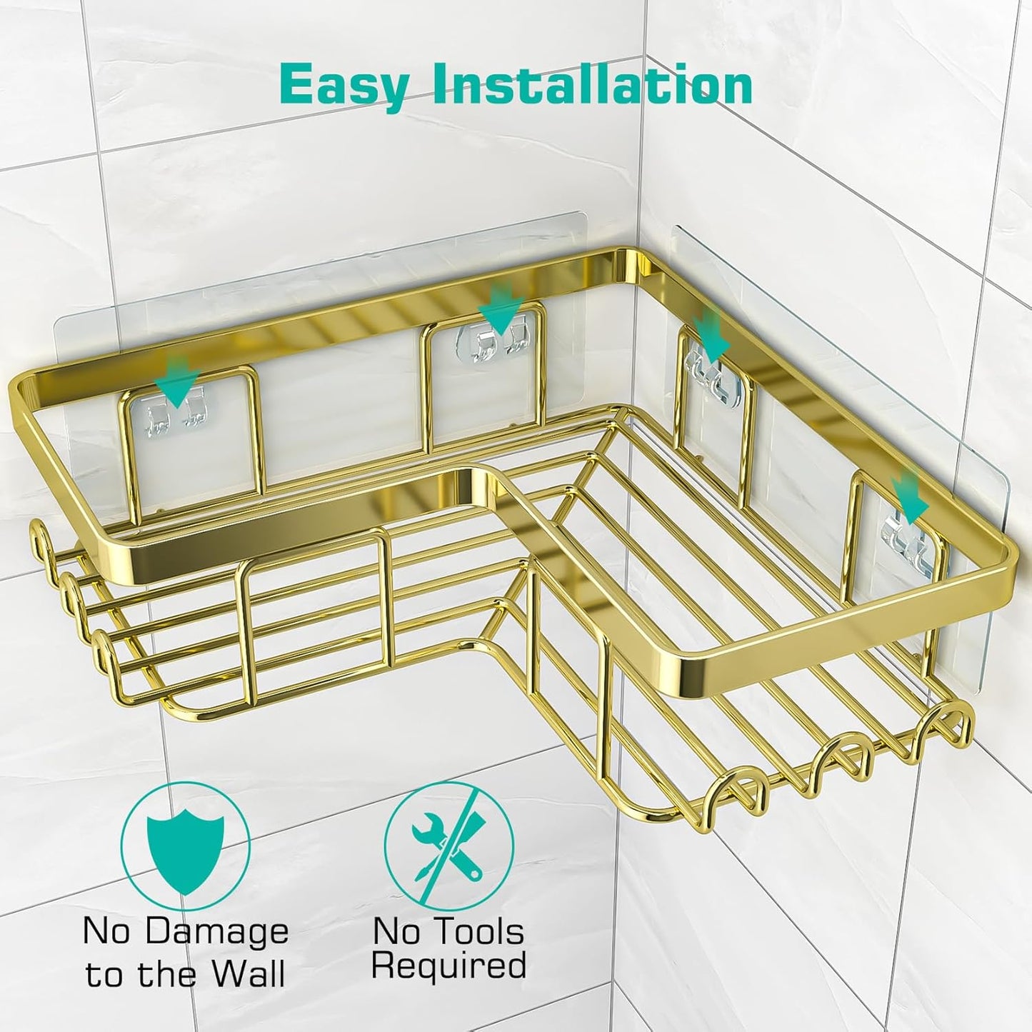 YASONIC Corner Adhesive Shower Caddy, with Soap Holder and 12 Hooks, Rustproof Stainless Steel Bathroom Organizer, No Drilling Wall Mounted Rack, Black, 3-Pack