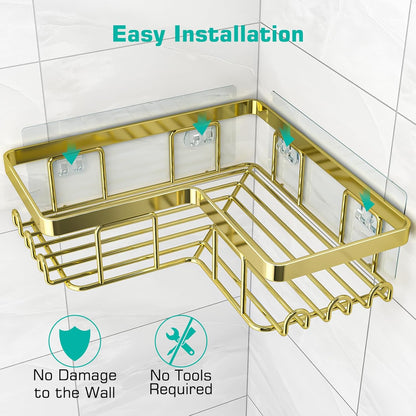 YASONIC Corner Adhesive Shower Caddy, with Soap Holder and 12 Hooks, Rustproof Stainless Steel Bathroom Organizer, No Drilling Wall Mounted Rack, Black, 3-Pack