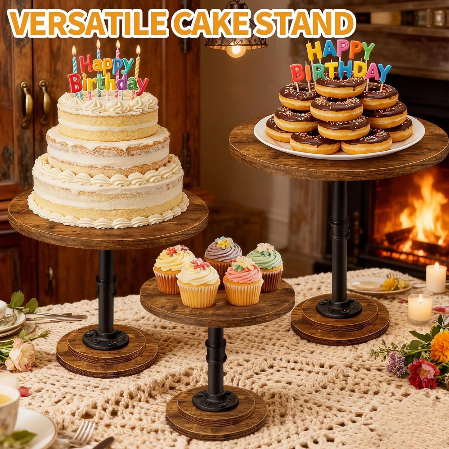 Cake Stand Rustic Industrial Wood Round Cupcake Stands Cake Stand Set of 3 Dessert Table Display Set Serving Tray Decoration for Birthday Celebration Party Baby Shower