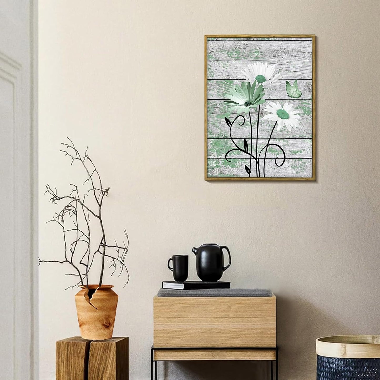 HVEST Farmhouse Floral Wall Art for Living Room, Blue and White Daisy Flower and Butterfly on Rustic Wood Board Canvas Wall Art Framed Artwork Ready to Hang for Bathroom Bedroom Decor, 16L X 12W