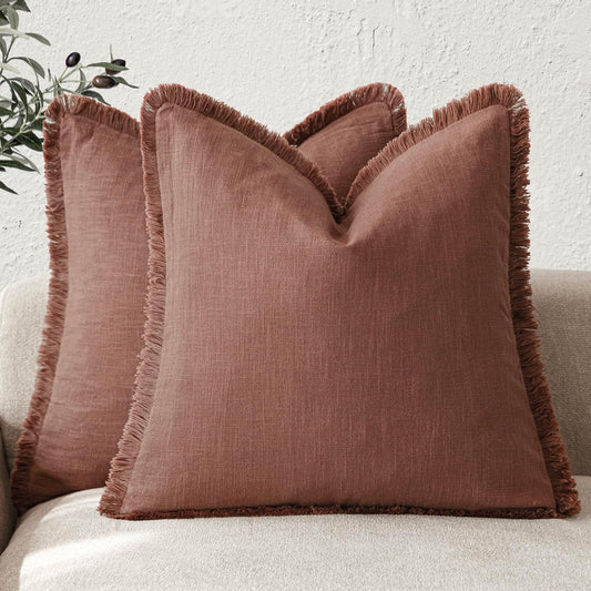 Foindtower Set of 2 Decorative Linen Fringe Lumbar Throw Pillow Covers Boho Farmhouse Cushion Cover with Tassels Soft Accent Pillowcase for Couch Sofa Bed Living Room Home Decor,12×20 Inch,Olive Green - Colors B