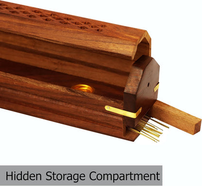 Sheesham Wood Incense Burner - Handmade Coffin Style Sun and Moon Inlay Incense Holder - Aromatherapy Room Freshener Cone Incense Stick Burner Ash Catcher - Zen Home Gift - 12x2x2 - COTTON CRAFT