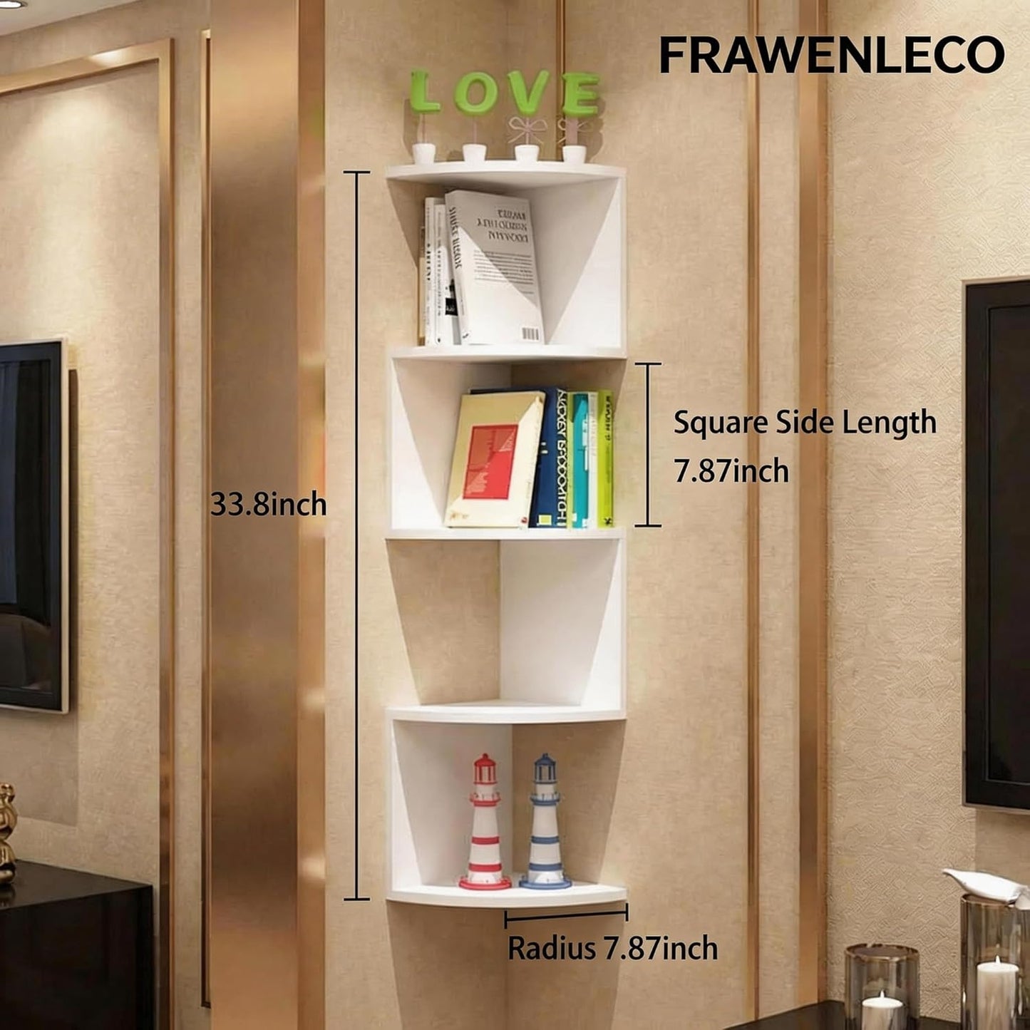 No-Drill Corner Shelf Wall Mount, 5-Tier Floating Corner Bookshelf with Hooks, Space-Saving Zigzag Plant Shelf for Bedroom, Living Room, Bathroom, Home Office