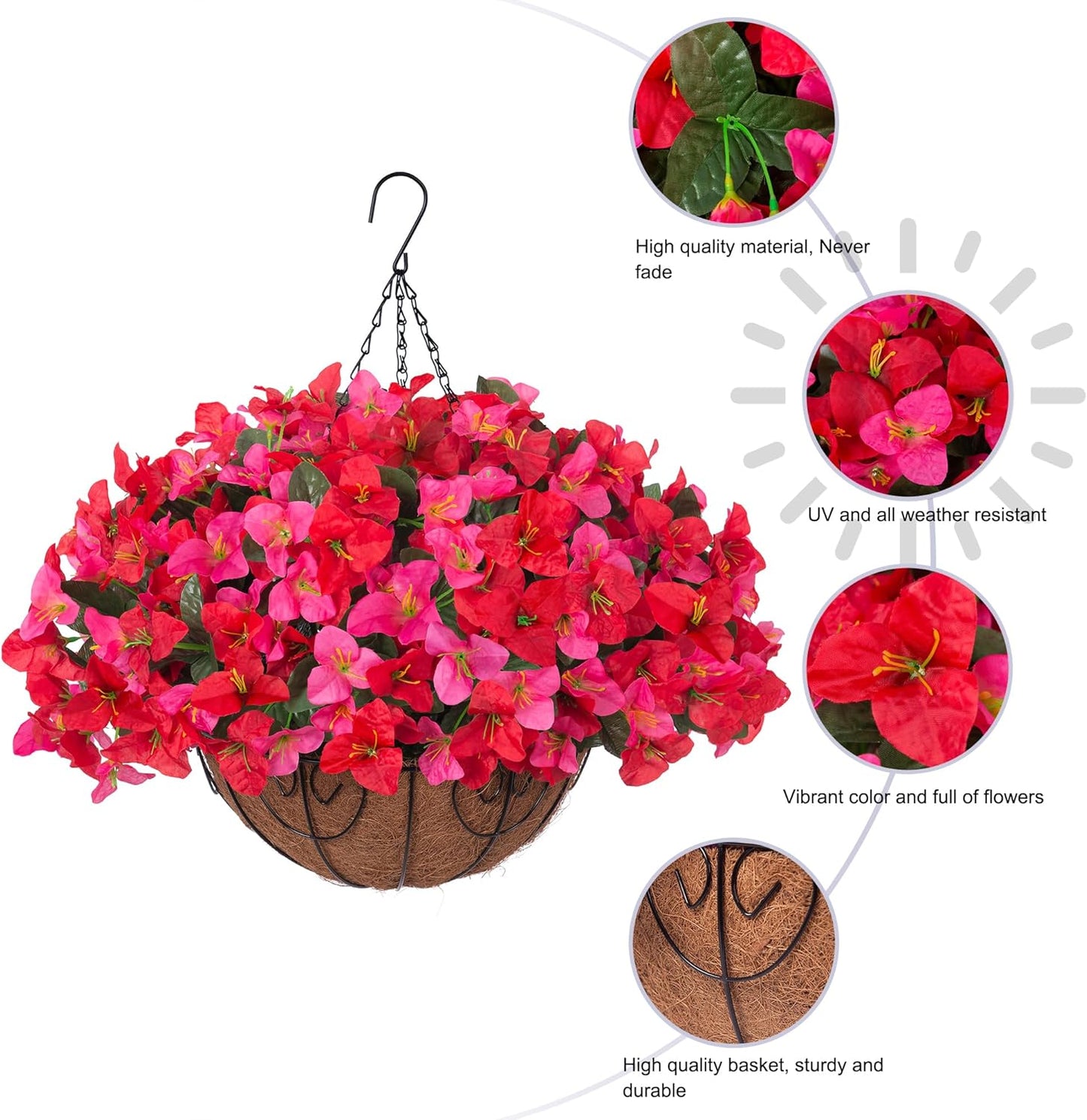 Artificial Hanging Flowers Faux Plants Basket for Outdoors Spring Summer Decor, Fake Silk Bougainvillea in Planter Outdoor Look Real UV Resistant Faux Flower for Outside Porch Patio Garden Home, White