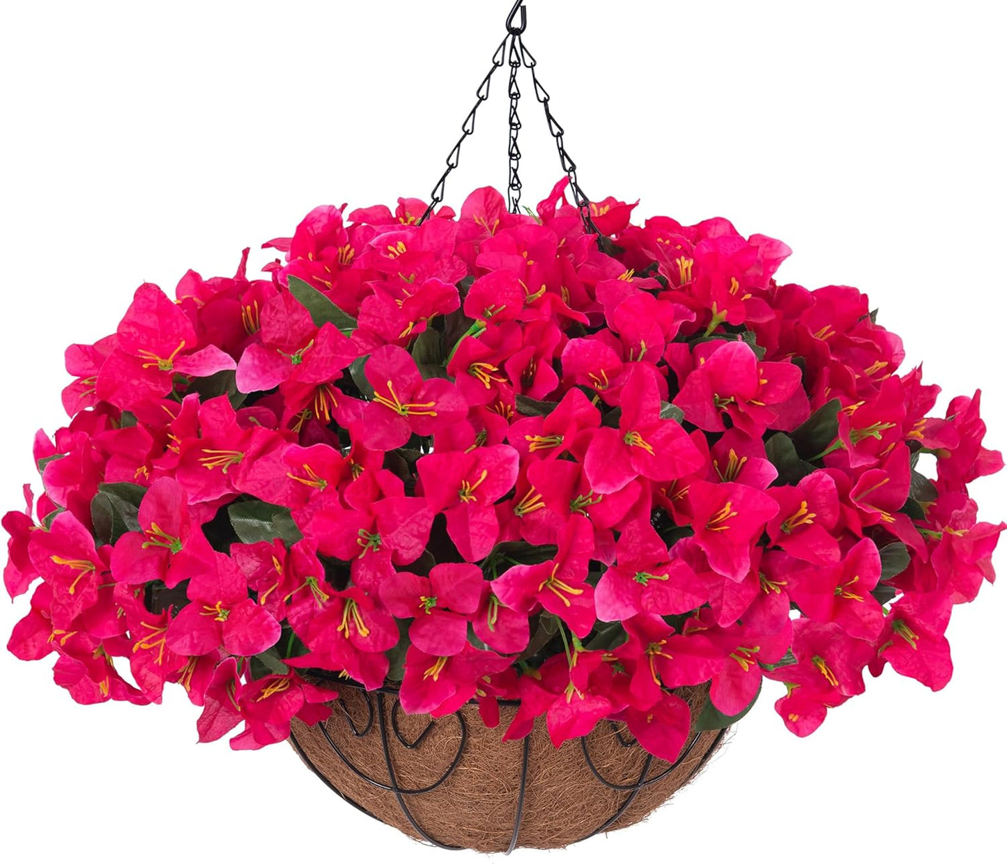 Artificial Hanging Flowers Faux Plants Basket for Outdoors Spring Summer Decor, Fake Silk Bougainvillea in Planter Outdoor Look Real UV Resistant Faux Flower for Outside Porch Patio Garden Home, White