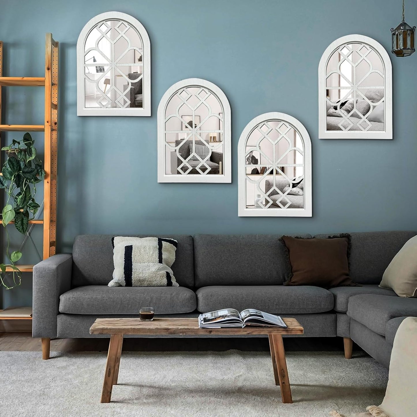 ZEXUIRU 4 Set. Rustic Wall Mirrors for Bedroom Bathroom Living Room Entryway Wood Farmhouse Square Easy to Hang Framed Decorative Accent Hanging Wall-Mounted Mirror Set for Living Room - Black