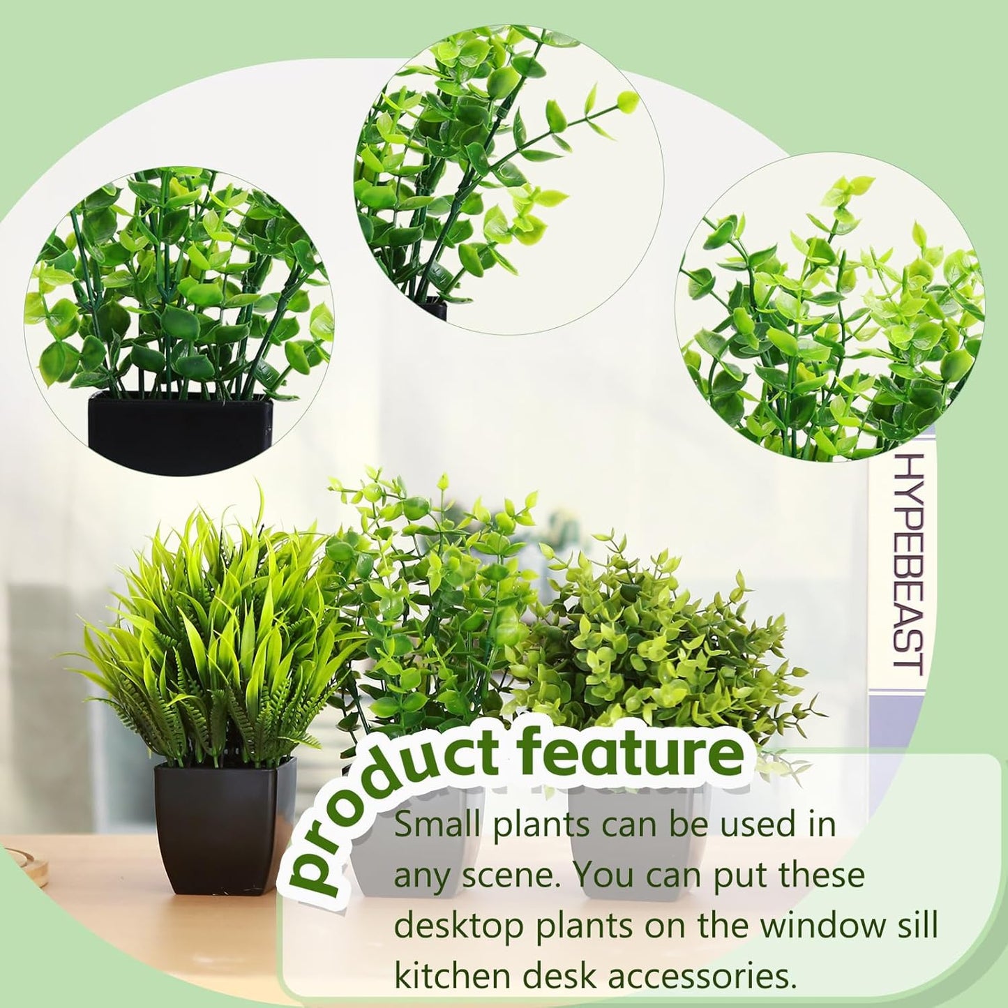 GREENTIME 4 Pack Fake Plants in Black Pot Mini Artificial Eucalyptus Potted Plant Small Faux Grass Greenery Potted for Indoor Home Office Farmhouse Bathroom Table Decoration