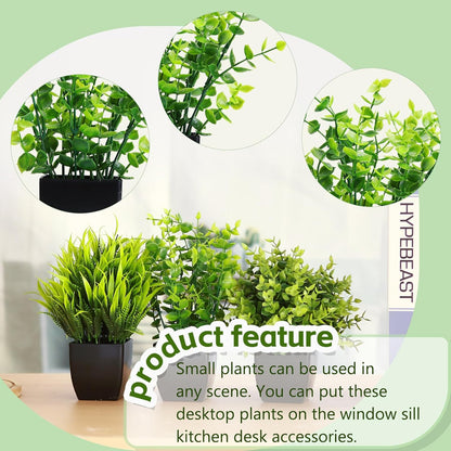 GREENTIME 4 Pack Fake Plants in Black Pot Mini Artificial Eucalyptus Potted Plant Small Faux Grass Greenery Potted for Indoor Home Office Farmhouse Bathroom Table Decoration