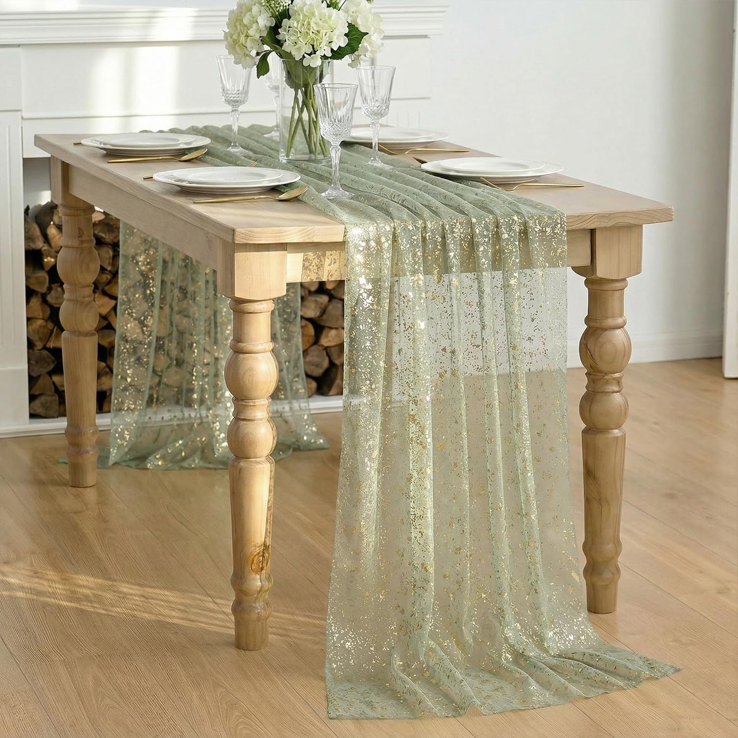 Artoid Mode Beige Gold Gauze Table Runner 120 Inch 10FT, Glitter Metallic Foil Sheer Dining Wedding Anniversary Holiday Birthday Table Decor for Home Party