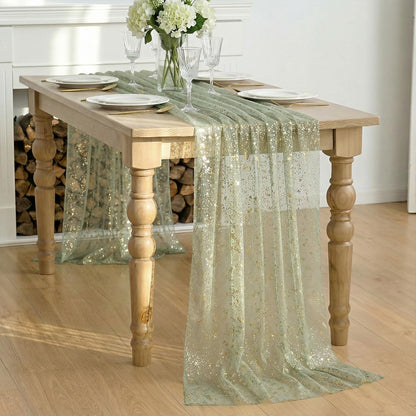 Artoid Mode Beige Gold Gauze Table Runner 120 Inch 10FT, Glitter Metallic Foil Sheer Dining Wedding Anniversary Holiday Birthday Table Decor for Home Party