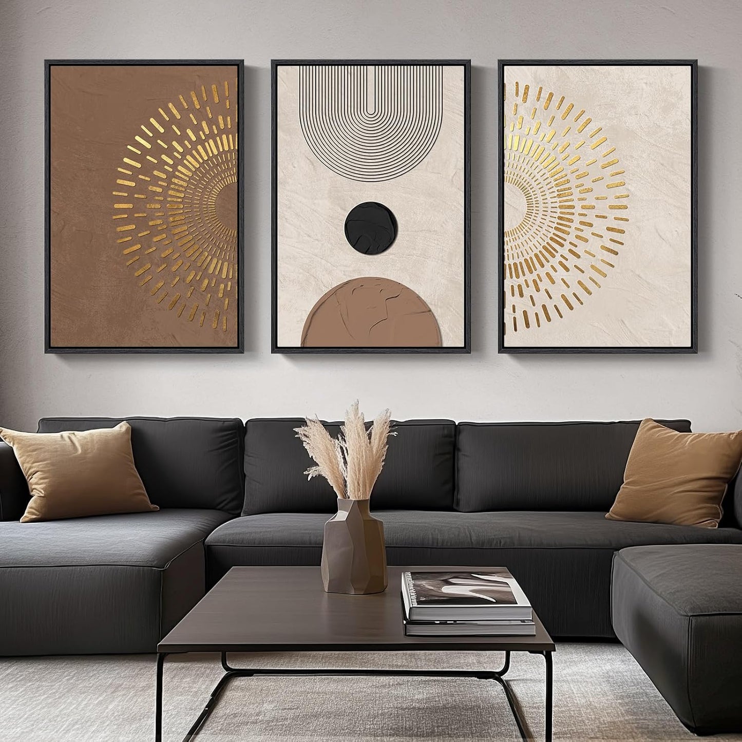 Large Framed Neutral Abstract Wall Art for Living Room, 3 Piece Modern Canvas Prints Paintings Artwork for Walls, Black and Beige Pictures for Living Room Hallway Stair Office Wall Decor 24x36 Inch