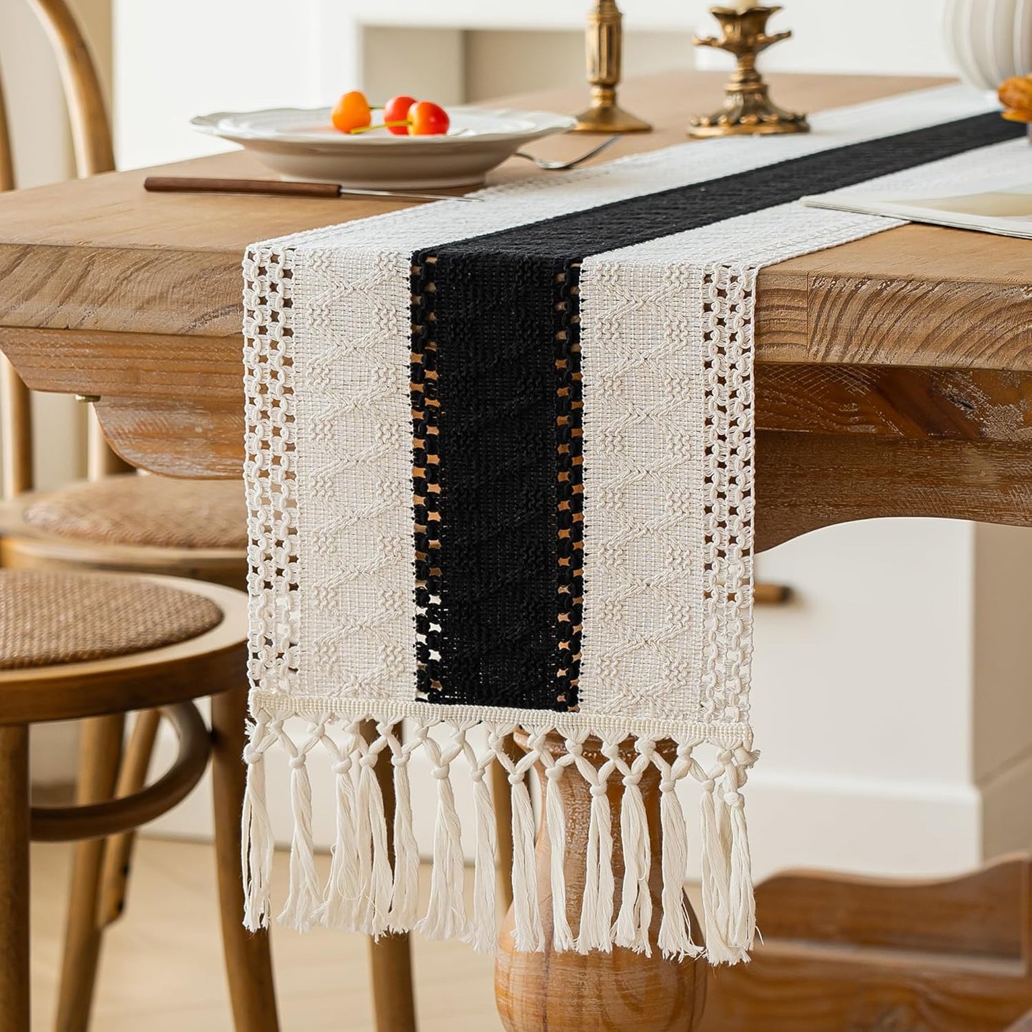 FEXIA Boho Table Runner for Thanksgiving Fall Christmas Home Decor with Tassels 72 Inches Long Pottery barn Furniture Farmhouse Rustic Macrame Burlap Table Decoration for Living Room (12x72 Inches)