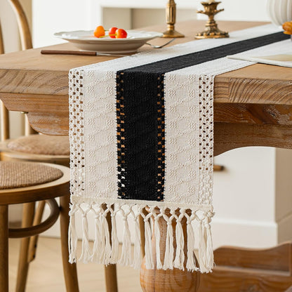FEXIA Boho Table Runner for Thanksgiving Fall Christmas Home Decor with Tassels 72 Inches Long Pottery barn Furniture Farmhouse Rustic Macrame Burlap Table Decoration for Living Room (12x72 Inches)