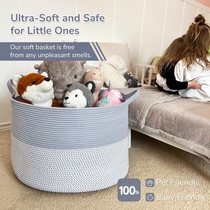 INDRESSME XXXLarge Blanket Basket for Living Room 21.7" x 21.7" x 13.8"-Storage Basket with Handle for Organizing Toy Pillows Woven Cotton Rope Laundry Basket Stuffed Animal Toy Storage for Play Room
