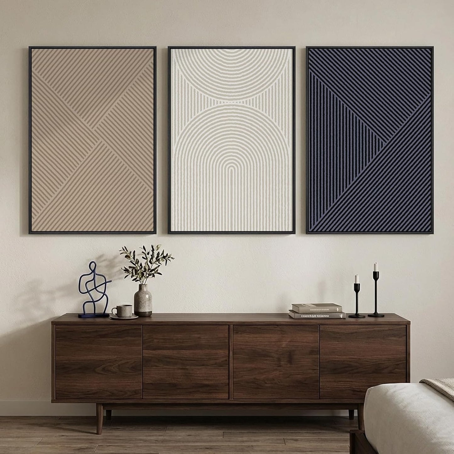 Large Framed Neutral Abstract Wall Art for Living Room, 3 Piece Modern Canvas Prints Paintings Artwork for Walls, Black and Beige Pictures for Living Room Hallway Stair Office Wall Decor 24x36 Inch