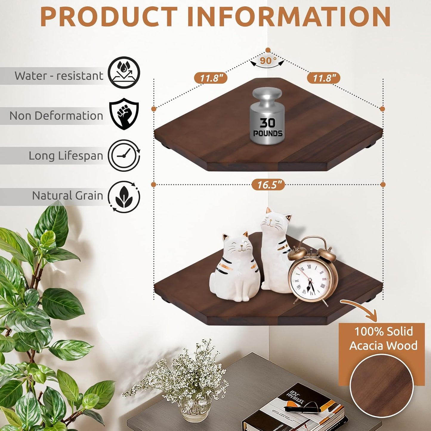 Demigo Corner Shelf Wall Mount, Set of 2 Solid Acacia Wood 11.8 x 16.5 inches Floating Corner Shelves, Smooth - Durable - Attractive Corner Shelves for Bedroom Living Room Bathroom Kitchen