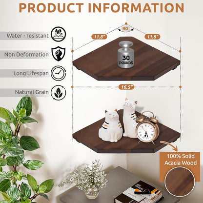 Demigo Corner Shelf Wall Mount, Set of 2 Solid Acacia Wood 11.8 x 16.5 inches Floating Corner Shelves, Smooth - Durable - Attractive Corner Shelves for Bedroom Living Room Bathroom Kitchen