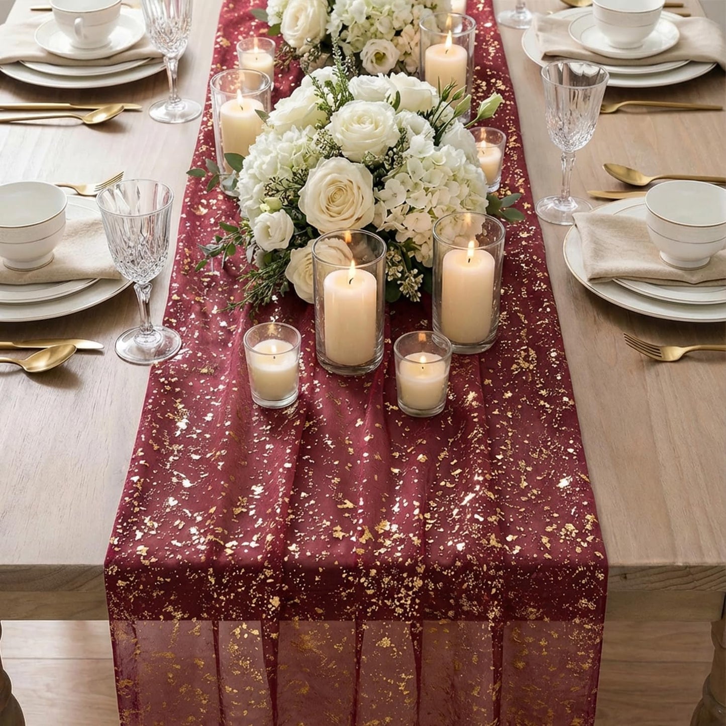 Artoid Mode Beige Gold Gauze Table Runner 120 Inch 10FT, Glitter Metallic Foil Sheer Dining Wedding Anniversary Holiday Birthday Table Decor for Home Party