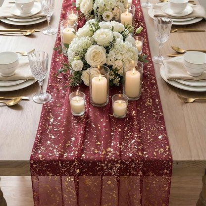 Artoid Mode Beige Gold Gauze Table Runner 120 Inch 10FT, Glitter Metallic Foil Sheer Dining Wedding Anniversary Holiday Birthday Table Decor for Home Party