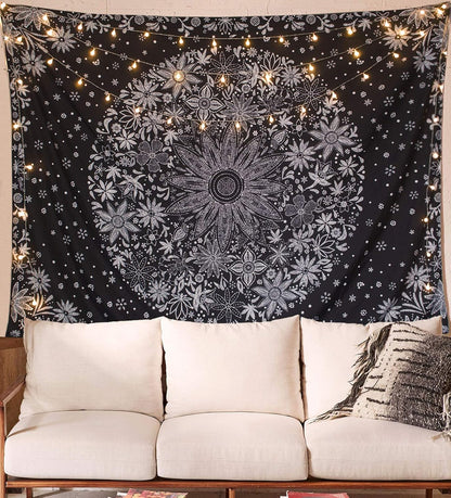 Neasow Bohemian Tapestry Wall Hanging, Beige White Floral Tapestry with Dotted Daisy Medallion Print Bedroom Boho Hippie Home Decor, 36×48 inches