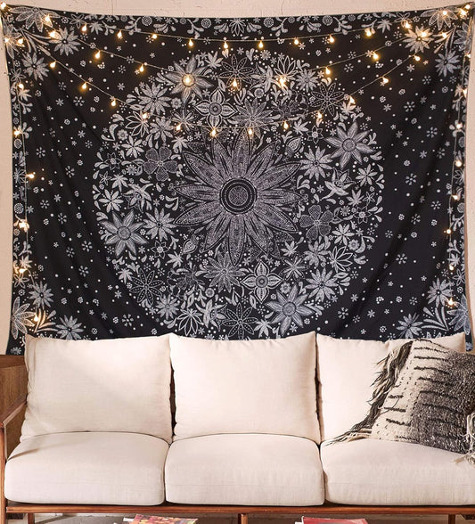 Neasow Bohemian Tapestry Wall Hanging, Beige White Floral Tapestry with Dotted Daisy Medallion Print Bedroom Boho Hippie Home Decor, 36×48 inches