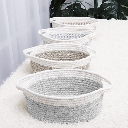 ABenkle Small Basket with Handles, Boho Decorative Rope Woven Dog Cat Toy Storage Bin Shelf Storage Organizer, Easter Christmas Gift Basket, 12"x8"x5", White