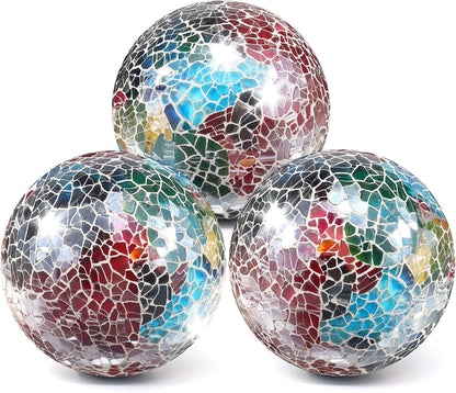 3Pcs Mosaic Glass Orbs Decorative Balls Set 8.5cm/3.35inch Blue Sphere Wedding Party Home Decor Table Centerpiece