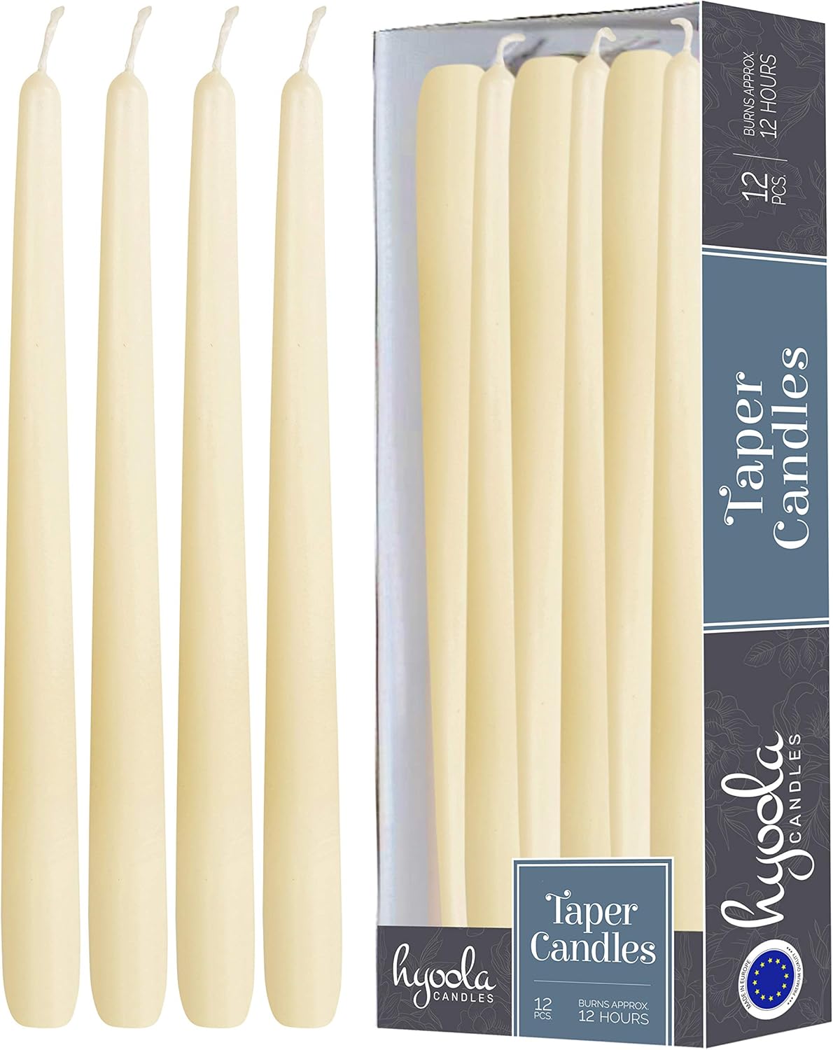 Hyoola 12 Pack Tall Taper Candles - 10 Inch Woolwhite Dripless, Unscented Dinner Candle - Paraffin Wax with Cotton Wicks - 8 Hour Burn Time