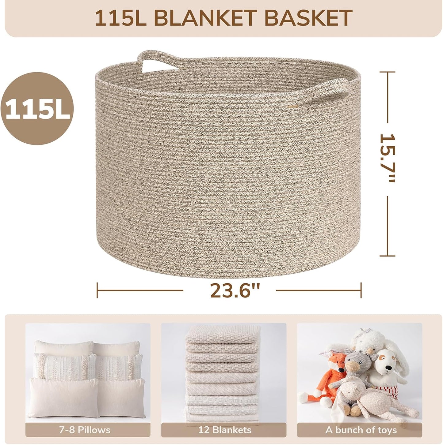 INDRESSME XXXLarge Blanket Basket for Living Room 21.7" x 21.7" x 13.8"-Storage Basket with Handle for Organizing Toy Pillows Woven Cotton Rope Laundry Basket Stuffed Animal Toy Storage for Play Room