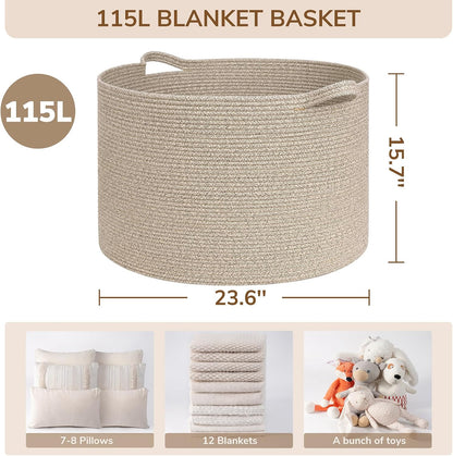 INDRESSME XXXLarge Blanket Basket for Living Room 21.7" x 21.7" x 13.8"-Storage Basket with Handle for Organizing Toy Pillows Woven Cotton Rope Laundry Basket Stuffed Animal Toy Storage for Play Room