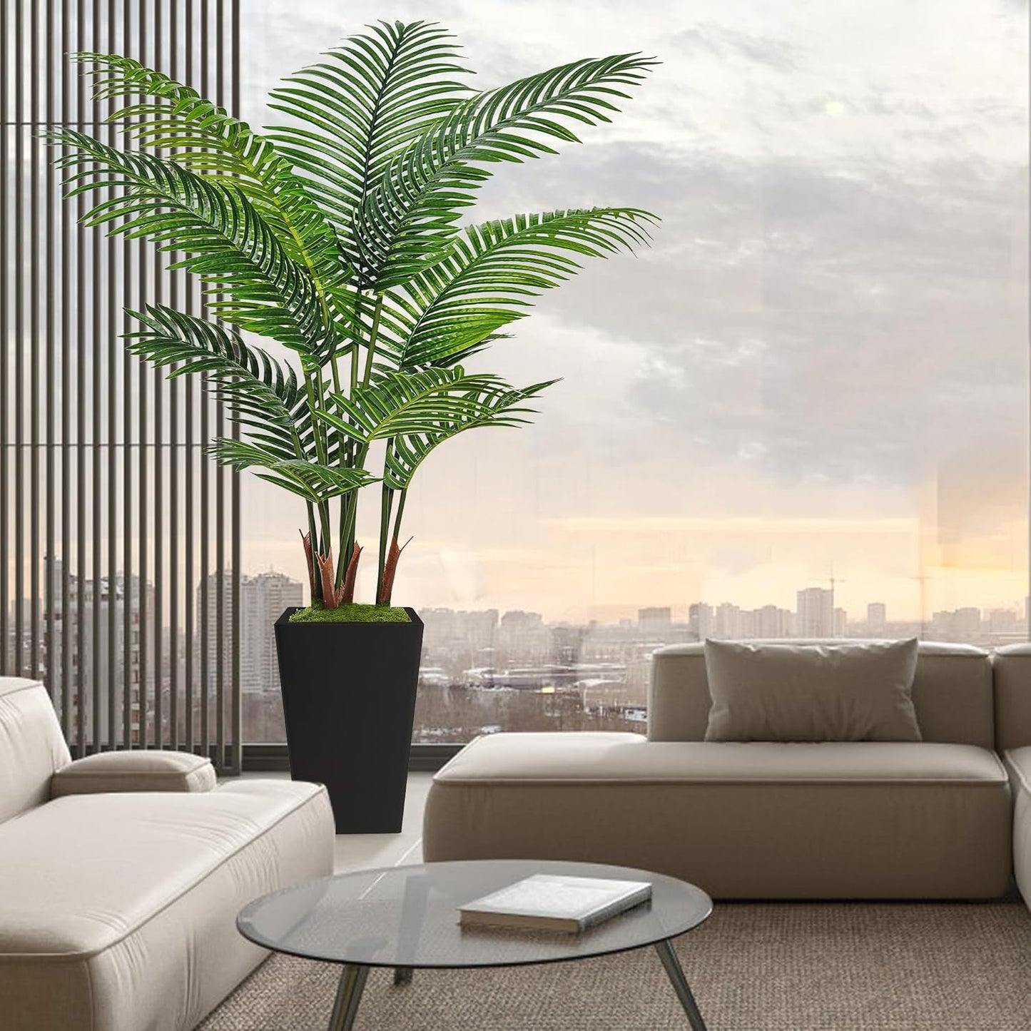 6FT Artificial Palm Tree, Tall Faux Palm Tree Indoor with Fake Plants Tall, Artificial Plants with Lifelike Leaves for Home Office Decor (White)