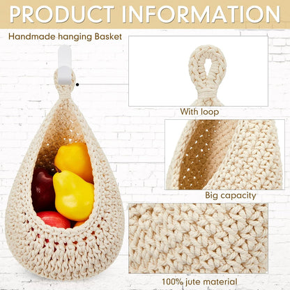 Honeydak Boho Decor Hanging Wall Baskets for Kitchen 3 Pack Teardrop Baskets with Hooks Storage Fruit Onion Vegetable Potato for Home 3 Sizes(Linen,Teardrop,Jute)