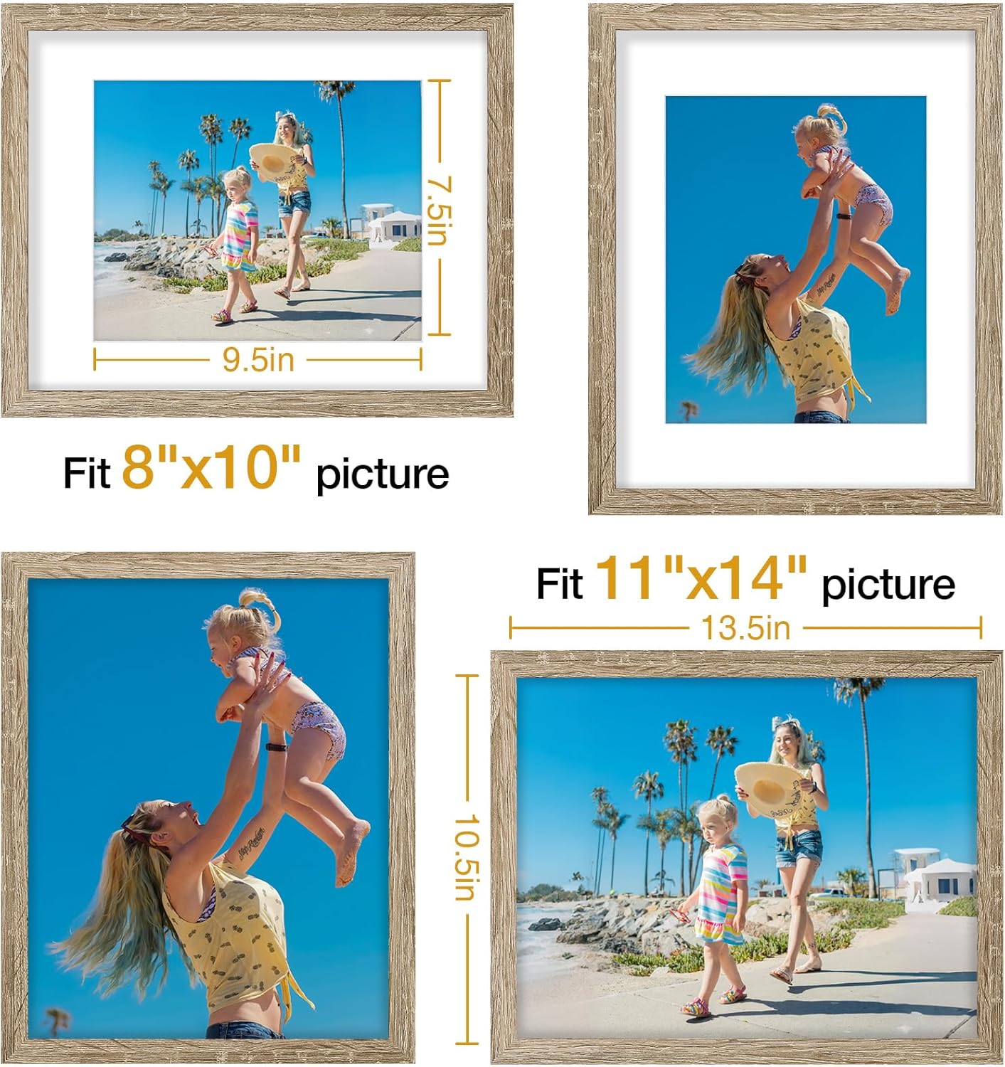 Vittanly 8x10 Picture Frames Set of 9, Shatter Resistant Plexiglass, Display 5x7 Pictures with Mat or 8x10 without Mat, Photo Frames for Wall or Tabletop, Engineered Wood, Black - Colors B